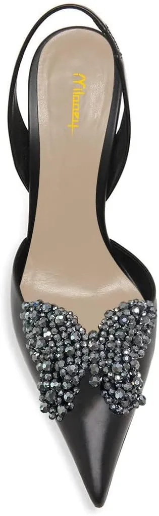 Milooey shoes Women Closed Pointed Toe Slip On Sandal Chic Rhinestone Butterfly Slingbacks Sexy Block High Heel Pump Party Prom Dress Shoes Size 4-16 Us