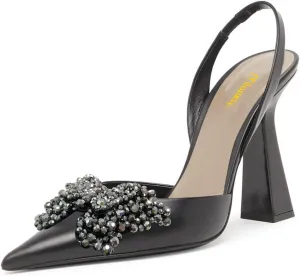 Milooey shoes Women Closed Pointed Toe Slip On Sandal Chic Rhinestone Butterfly Slingbacks Sexy Block High Heel Pump Party Prom Dress Shoes Size 4-16 Us