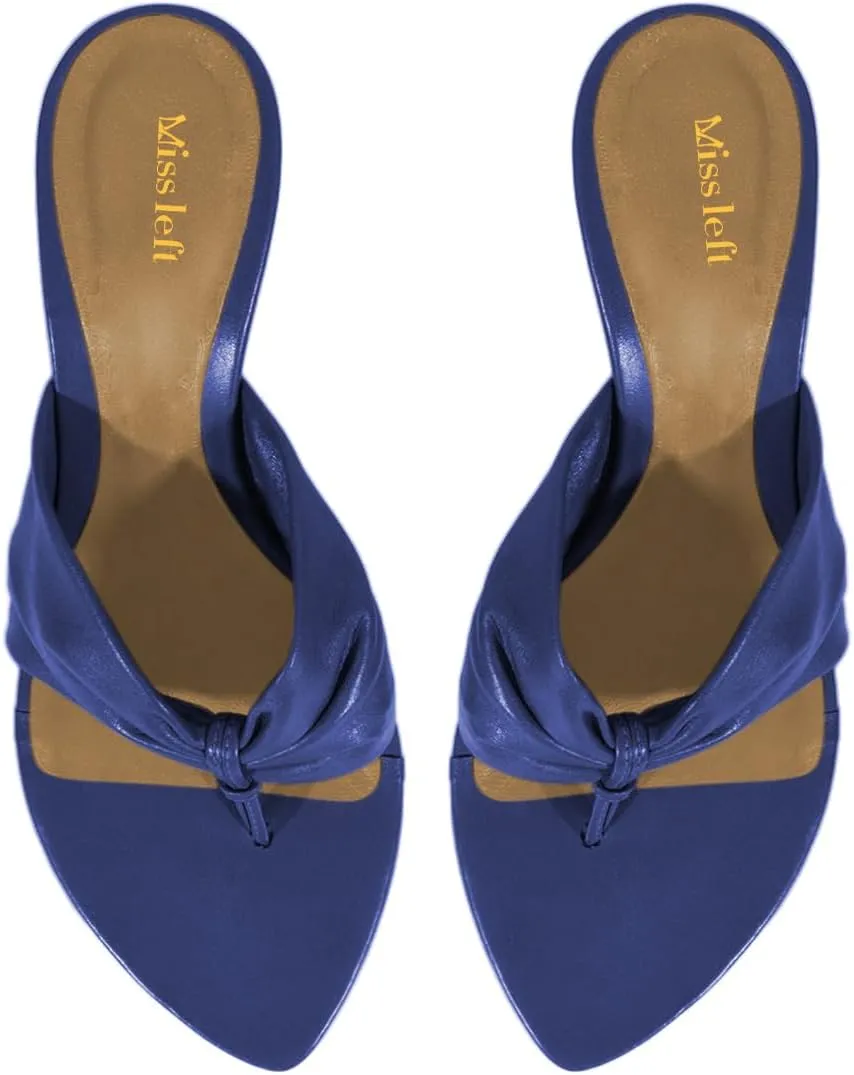 miss left Women Chic Open Pointed Toe Thong Slide Sandals Thin Mid Heel Slip on Flip Flops Fashion Summer Dressy Mules Size 4-16 US
