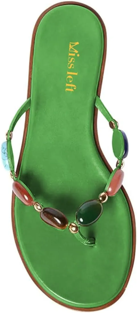 miss left Women Jewelled Strap Open Toe Flip Flops Comfortable Insole Slip on Thong Flat Sandals Classic Summer Beach Indoor Outdoor Slippers Size 4-16 US
