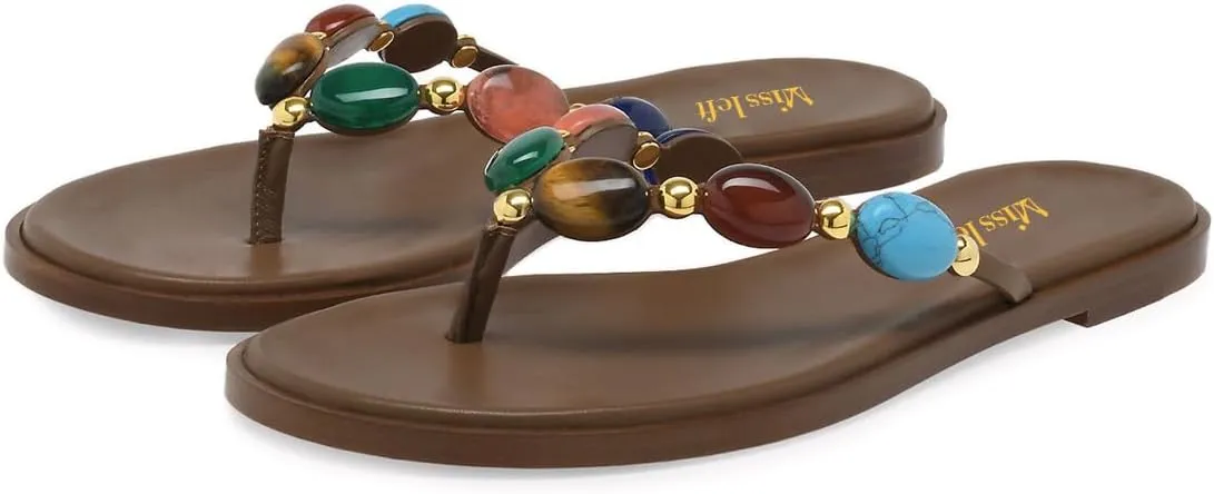 miss left Women Jewelled Strap Open Toe Flip Flops Comfortable Insole Slip on Thong Flat Sandals Classic Summer Beach Indoor Outdoor Slippers Size 4-16 US