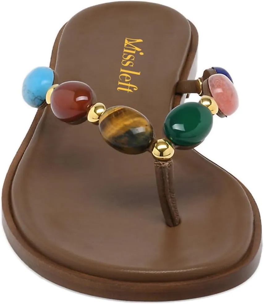miss left Women Jewelled Strap Open Toe Flip Flops Comfortable Insole Slip on Thong Flat Sandals Classic Summer Beach Indoor Outdoor Slippers Size 4-16 US