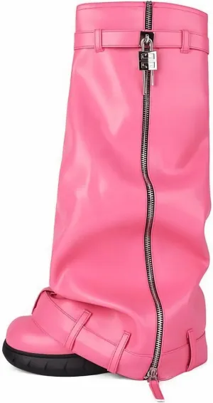 MissHeel Padlock Fold Over Platform Denim Knee High Boots