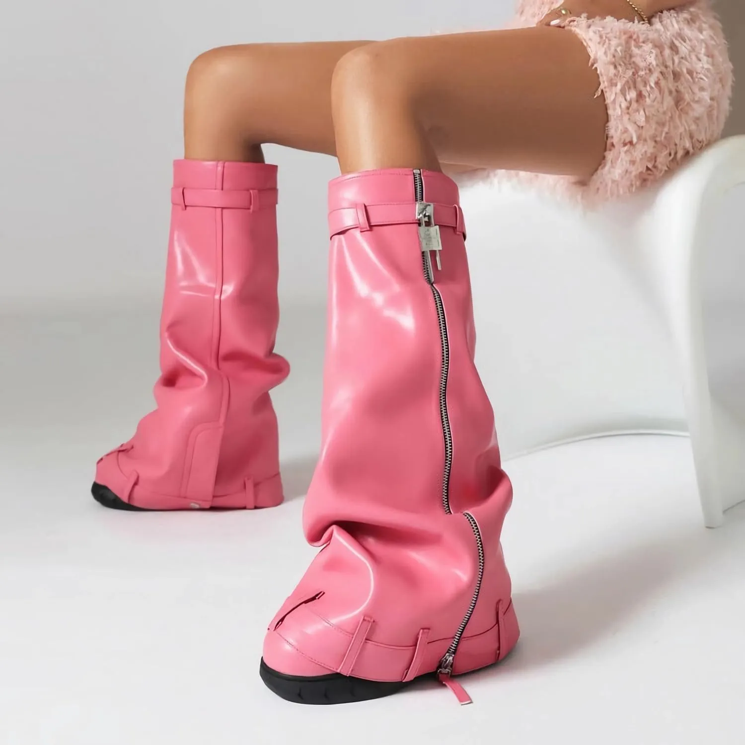 MissHeel Padlock Fold Over Platform Denim Knee High Boots