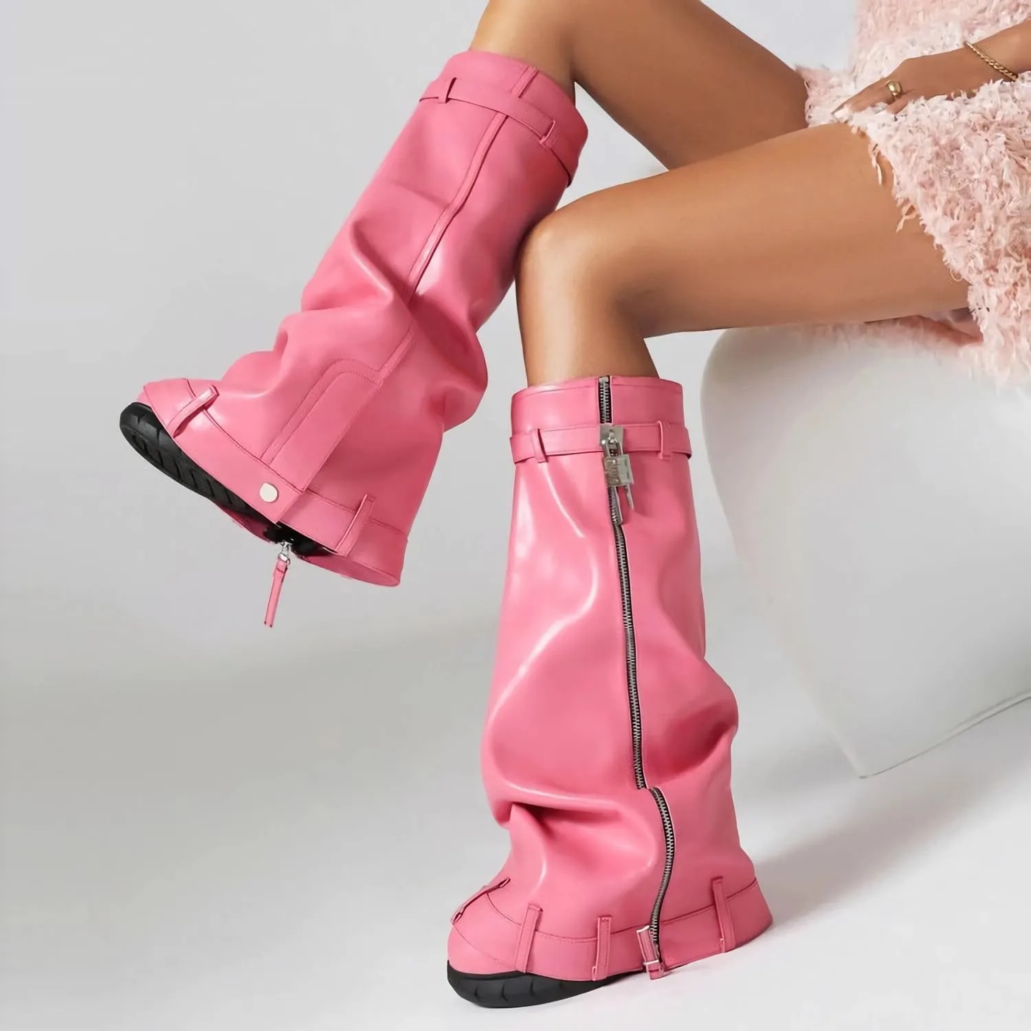 MissHeel Padlock Fold Over Platform Denim Knee High Boots