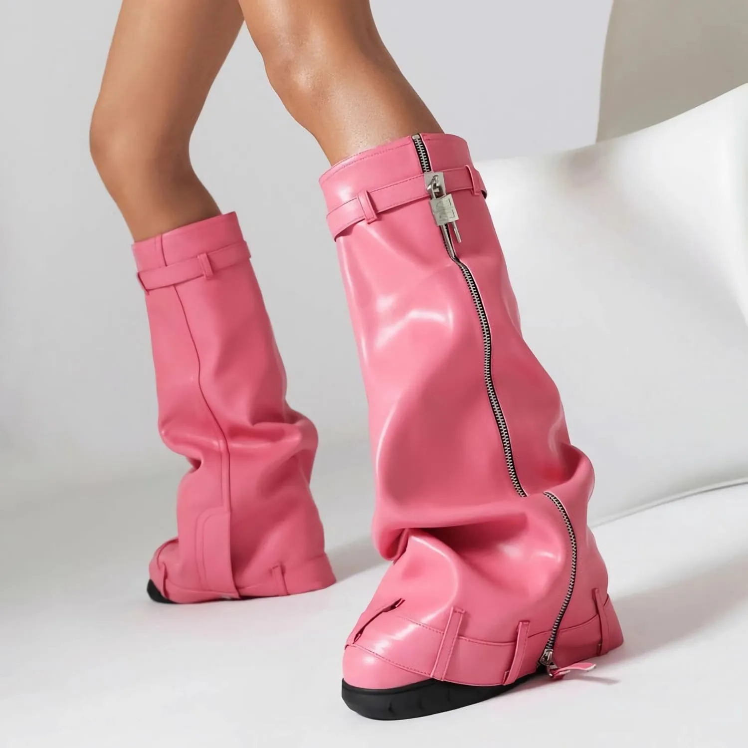 MissHeel Padlock Fold Over Platform Denim Knee High Boots