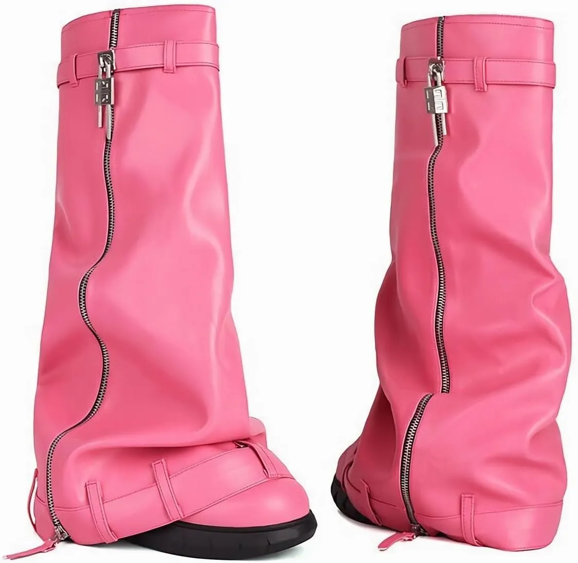 MissHeel Padlock Fold Over Platform Denim Knee High Boots