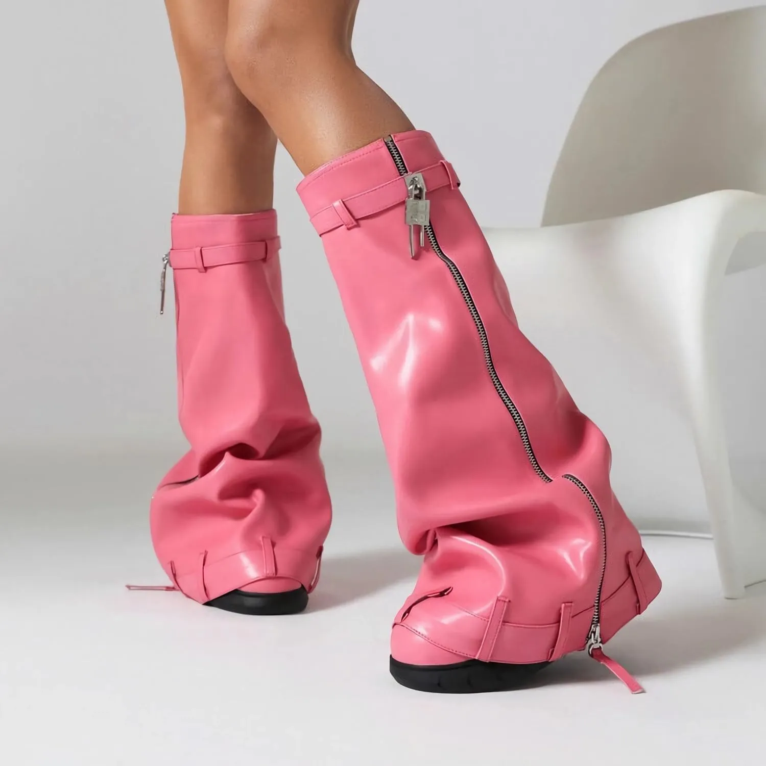 MissHeel Padlock Fold Over Platform Denim Knee High Boots