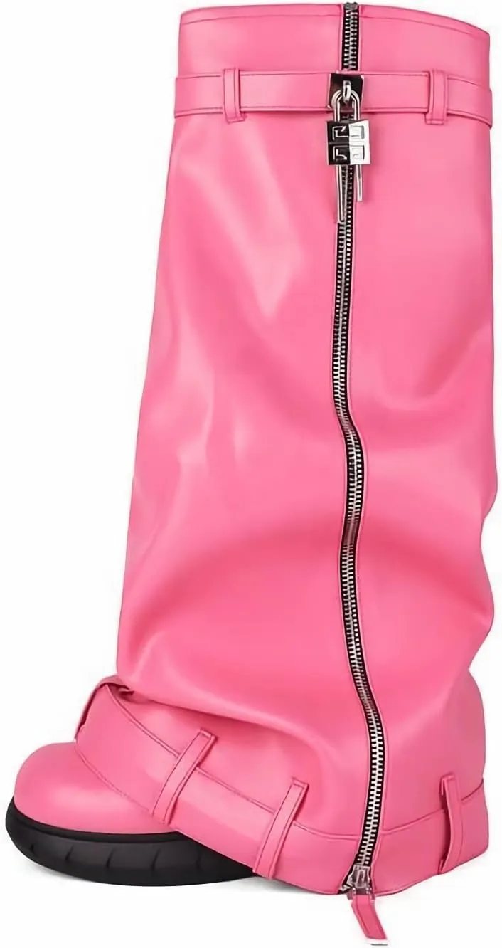 MissHeel Padlock Fold Over Platform Denim Knee High Boots