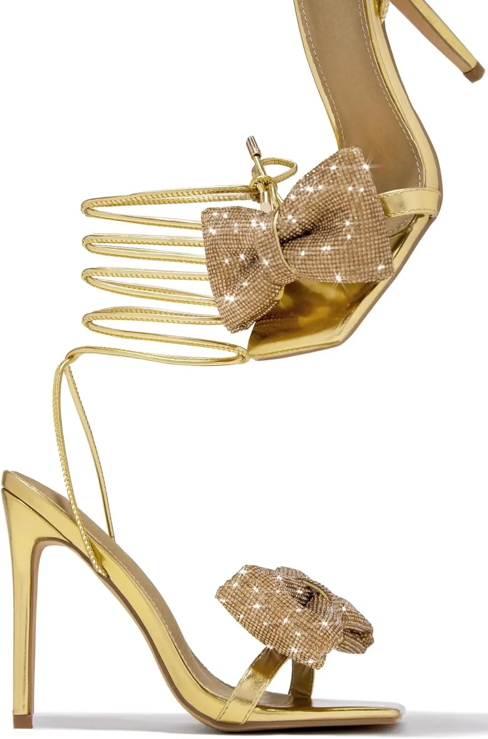 MissHeel Rhinestone Bow Lace Up Heel Stiletto in Silver/Gold