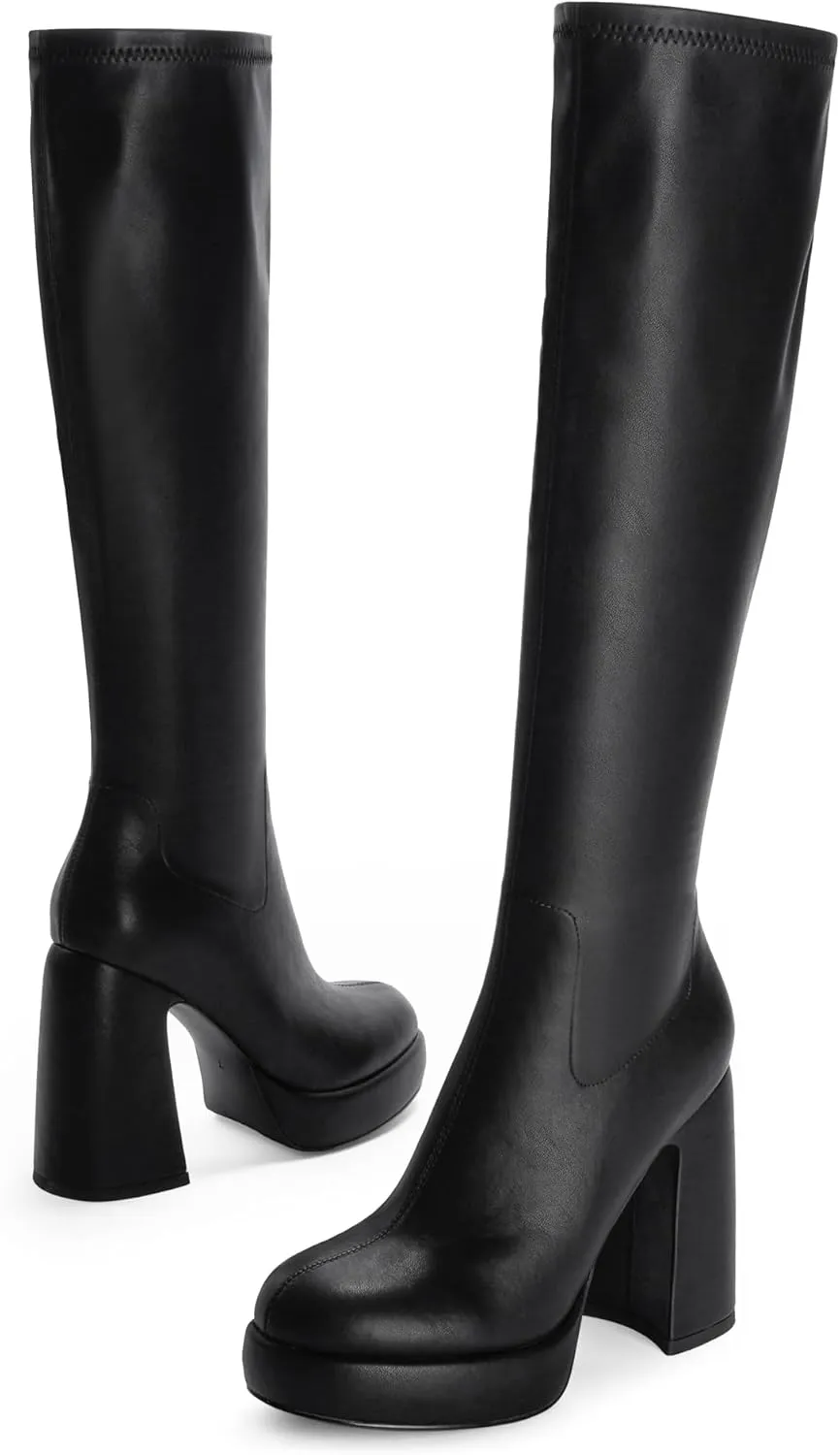 Modatope Platform Knee High Boots for Women Chunky Heel Rounded Toe Womens Knee High Boots Side Zipper Tall Boots
