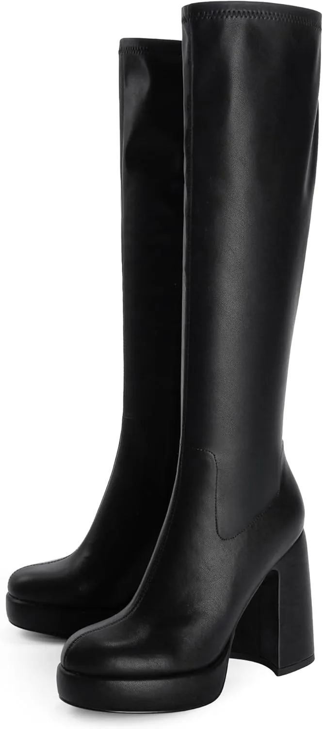 Modatope Platform Knee High Boots for Women Chunky Heel Rounded Toe Womens Knee High Boots Side Zipper Tall Boots