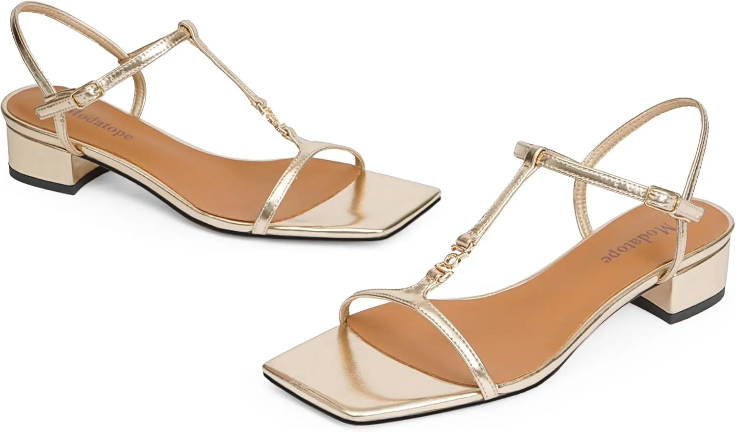 Modatope T-Strap Heels for Women, with Square Open Toe and Chunky Low Heel Design