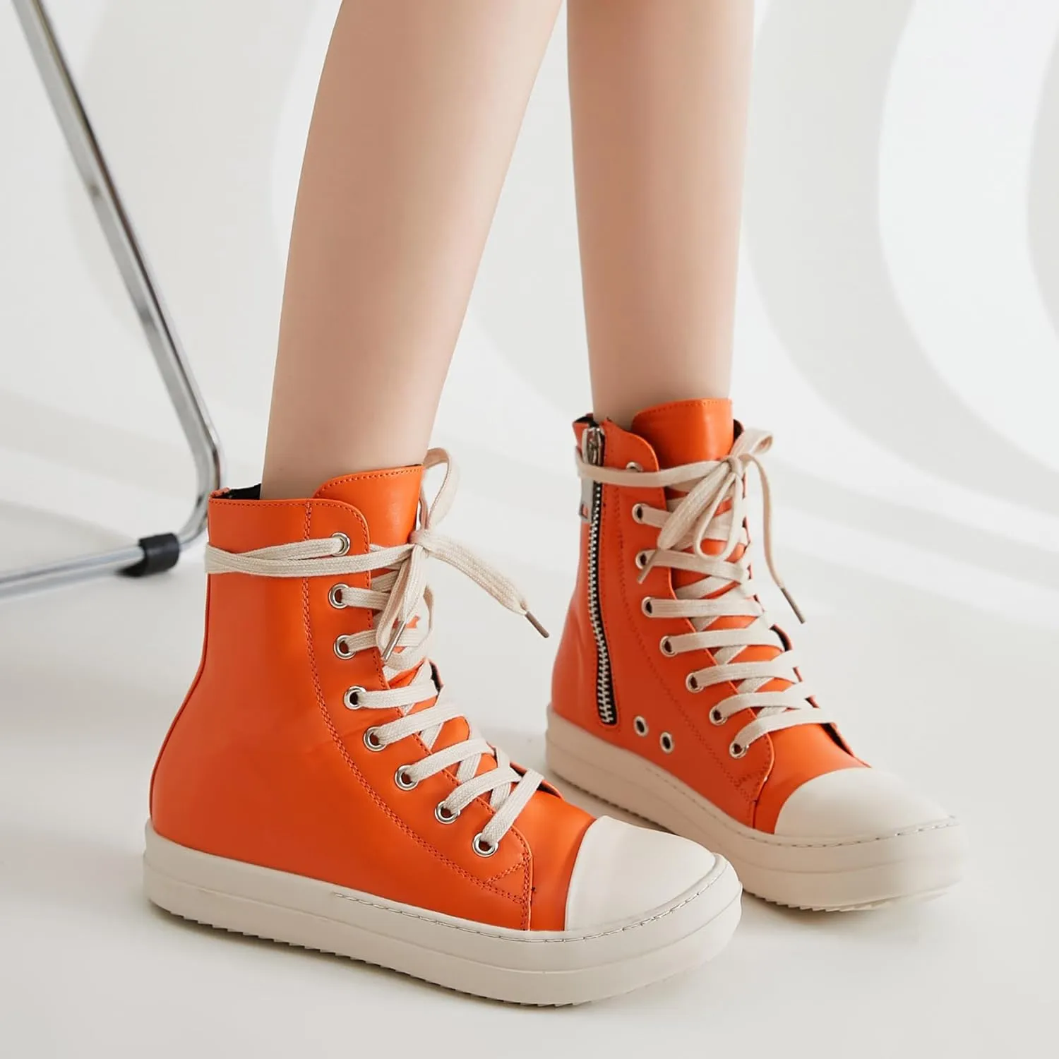 MOFEEDOUKA Womens High Top Sneakers Lace Up Comfort Platform Walking Canvas Shoes with Zipper