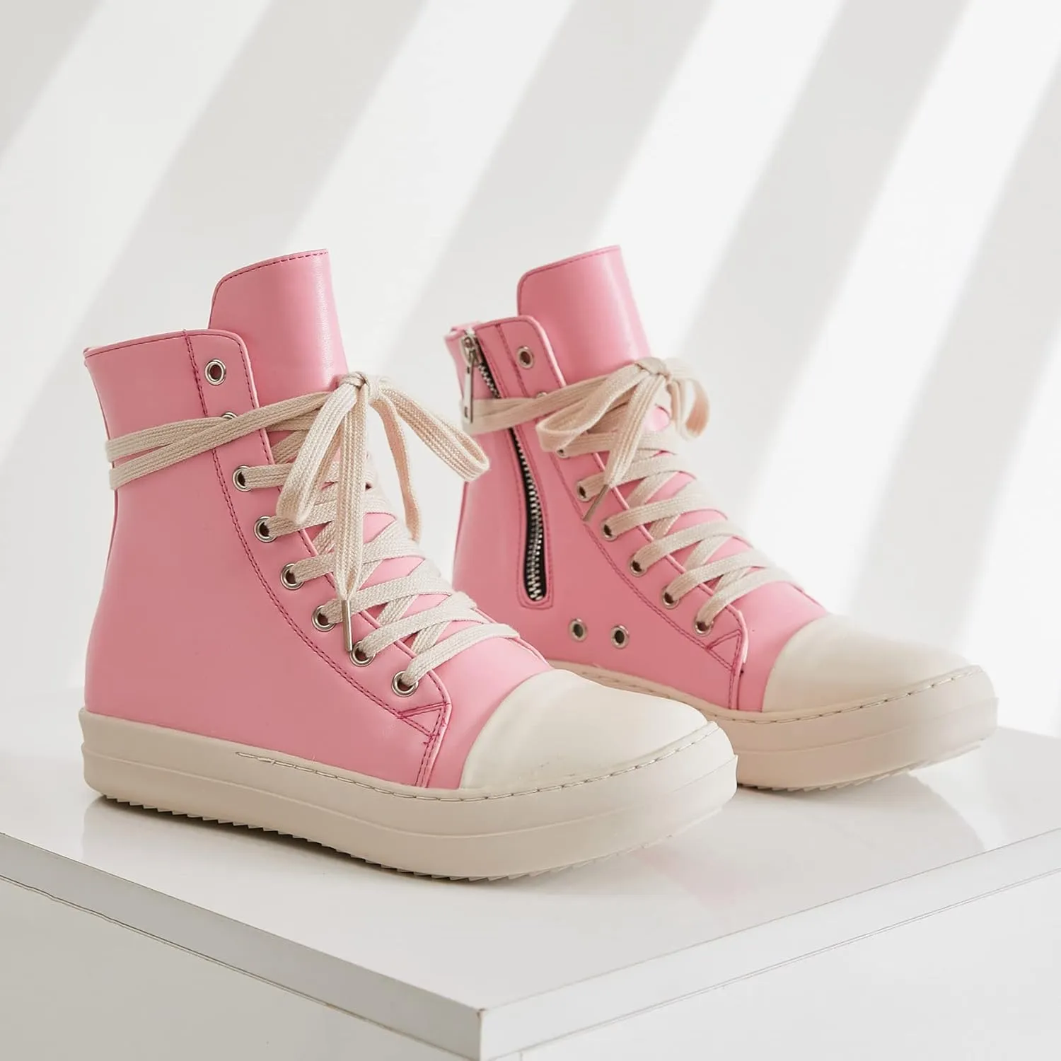 MOFEEDOUKA Womens High Top Sneakers Lace Up Comfort Platform Walking Canvas Shoes with Zipper