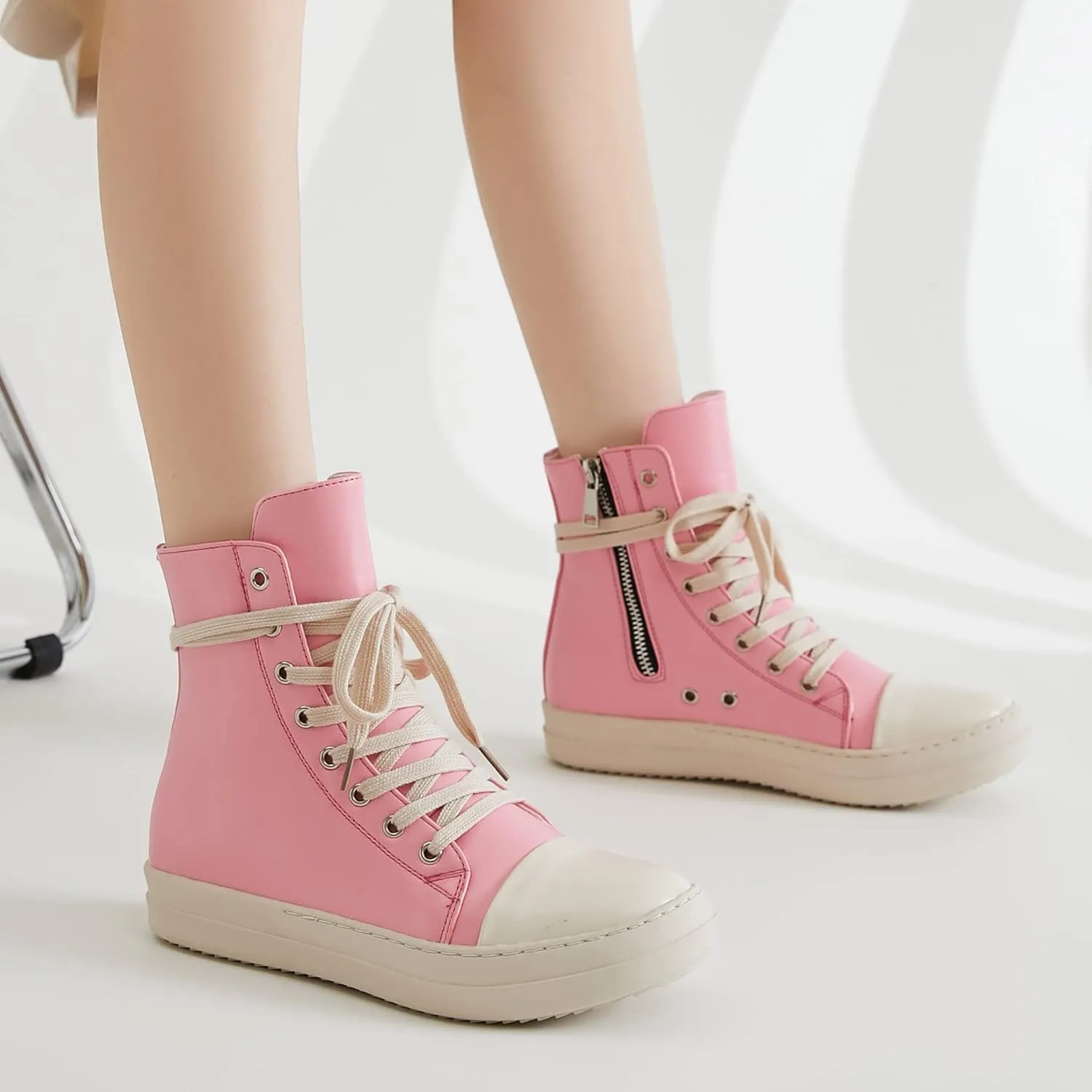 MOFEEDOUKA Womens High Top Sneakers Lace Up Comfort Platform Walking Canvas Shoes with Zipper