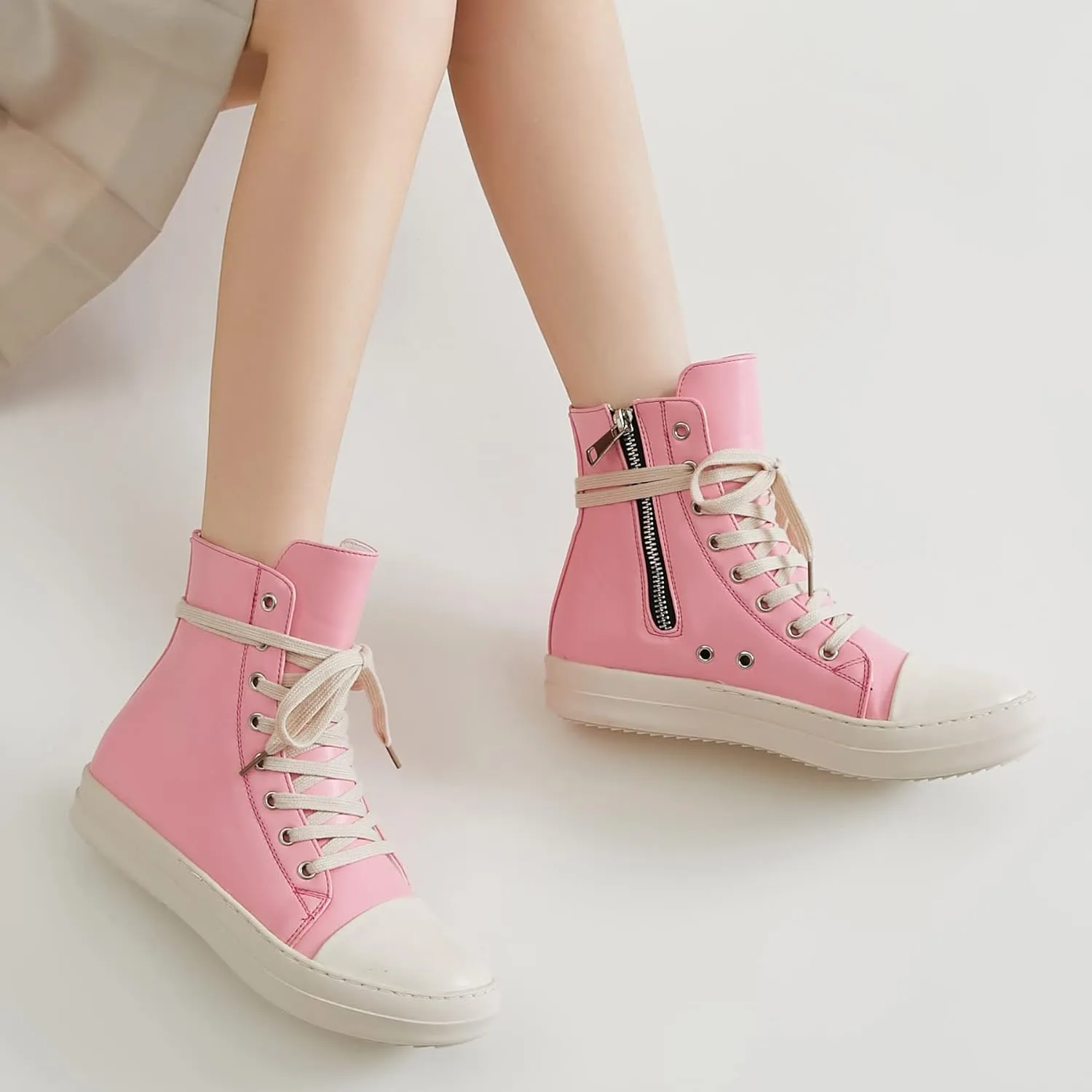 MOFEEDOUKA Womens High Top Sneakers Lace Up Comfort Platform Walking Canvas Shoes with Zipper