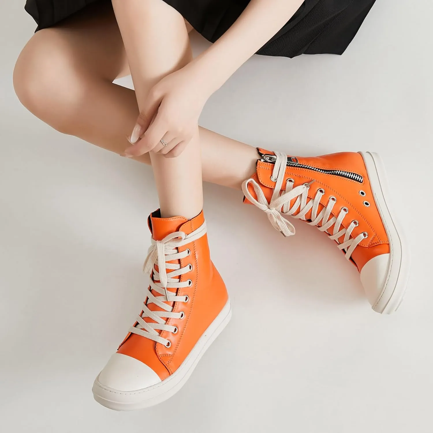MOFEEDOUKA Womens High Top Sneakers Lace Up Comfort Platform Walking Canvas Shoes with Zipper
