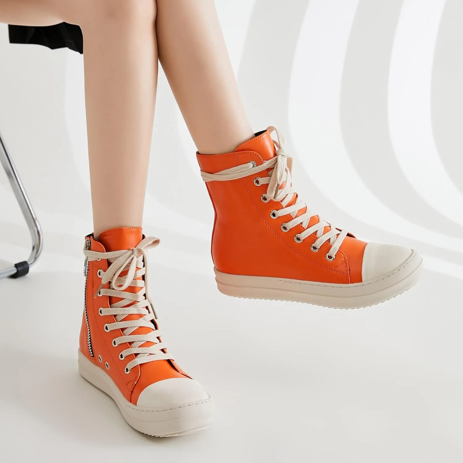 MOFEEDOUKA Womens High Top Sneakers Lace Up Comfort Platform Walking Canvas Shoes with Zipper