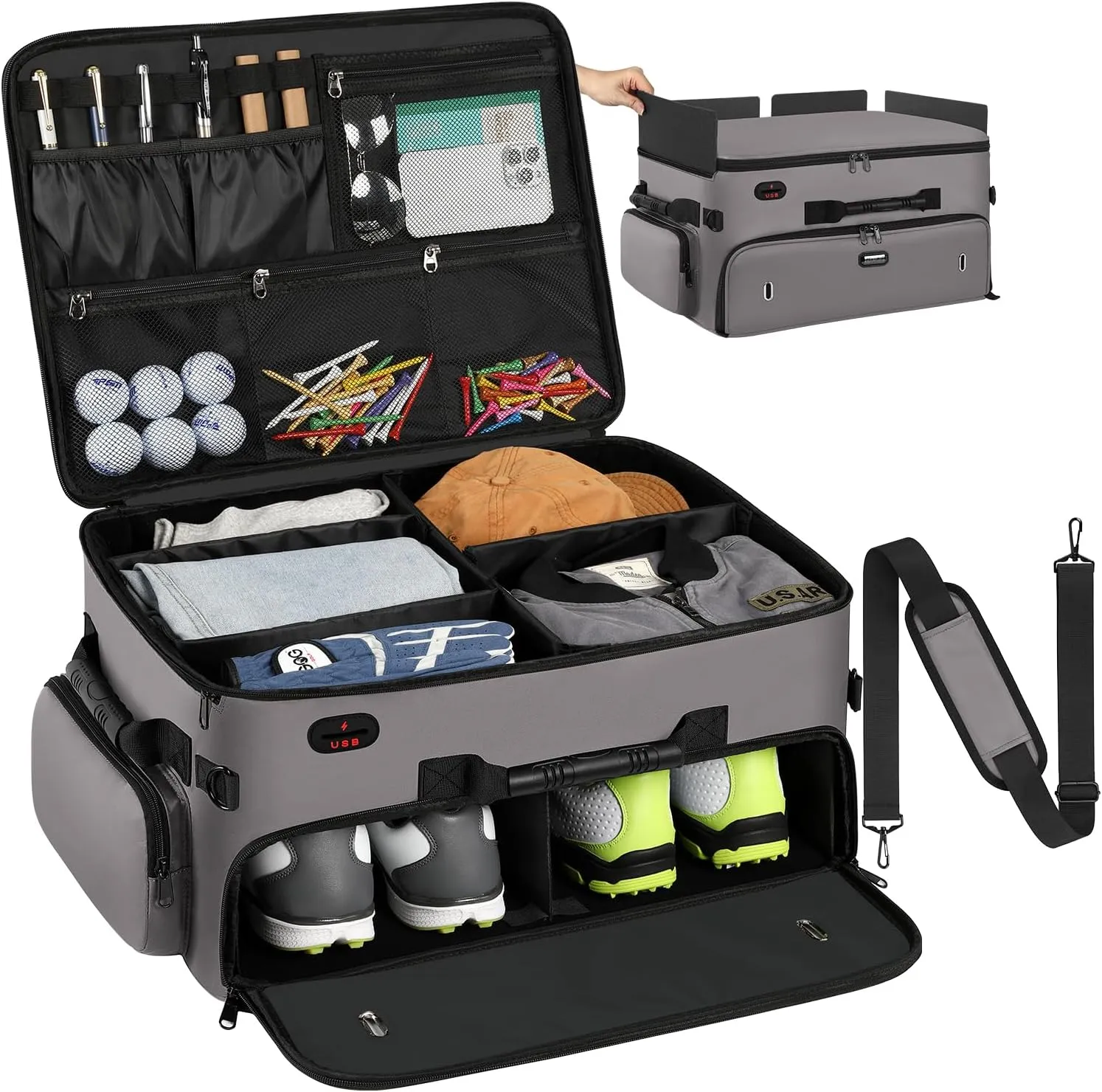 Mogplof Extra Large 2 Layer Golf Trunk Organizer, Golf Gifts for Men Golfers, 20"x 14"x 10" Water-Resistant Car Durable Golf Organizer for 2 Pair Shoes, Balls, Tees, Clothes, Gloves, Accessories