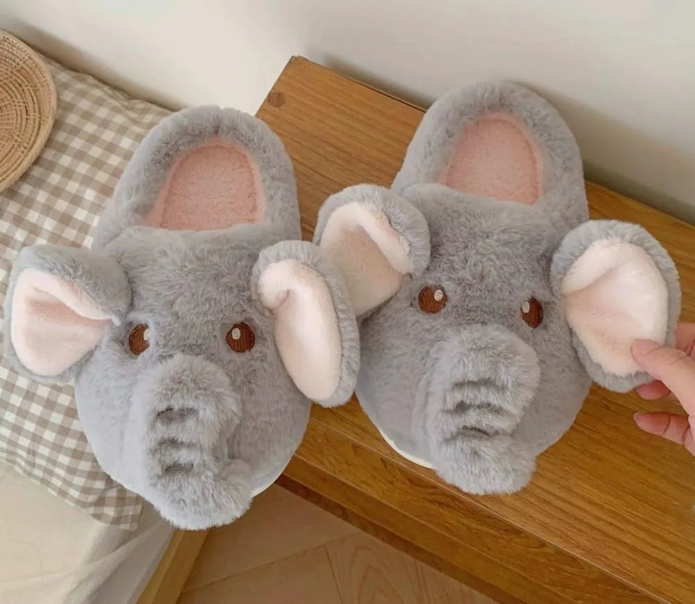 Molodo Cute Elephant Slippers for Women Cartoon Warm Plush Slippers Ladies House Shoes Indoor Outdoor Non-slip Slide Slippers