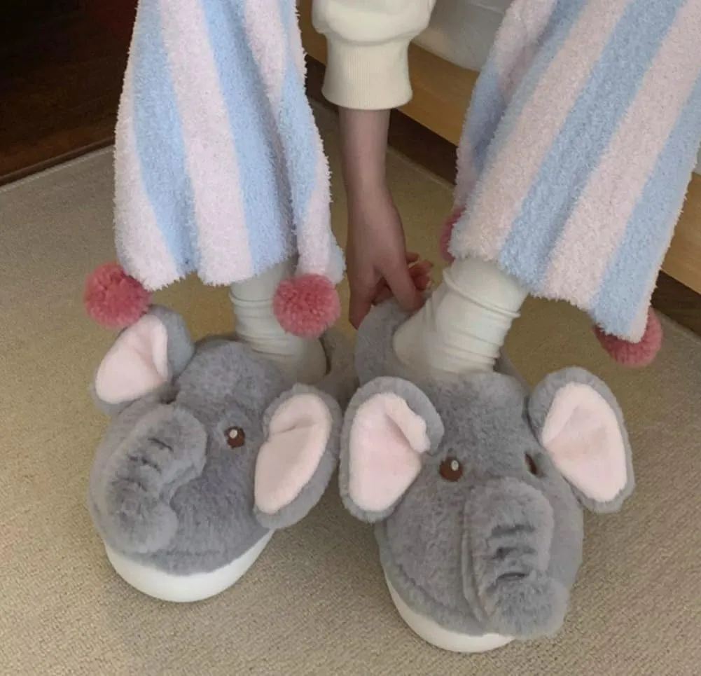 Molodo Cute Elephant Slippers for Women Cartoon Warm Plush Slippers Ladies House Shoes Indoor Outdoor Non-slip Slide Slippers