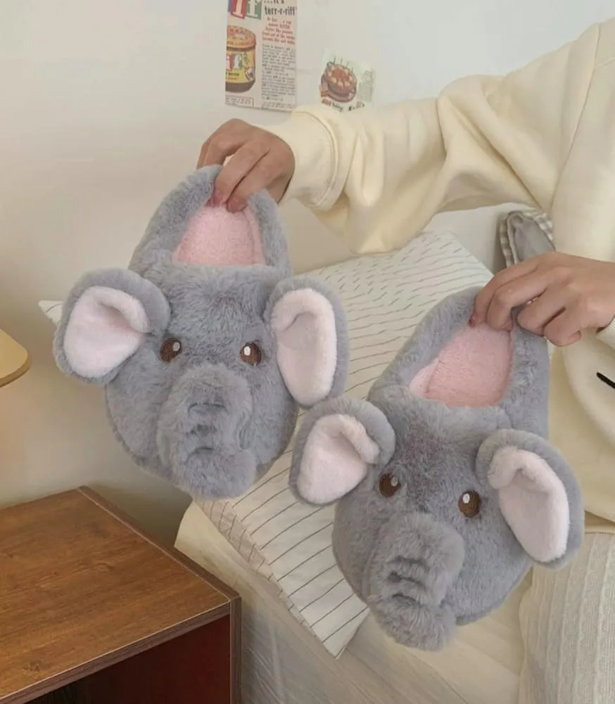 Molodo Cute Elephant Slippers for Women Cartoon Warm Plush Slippers Ladies House Shoes Indoor Outdoor Non-slip Slide Slippers