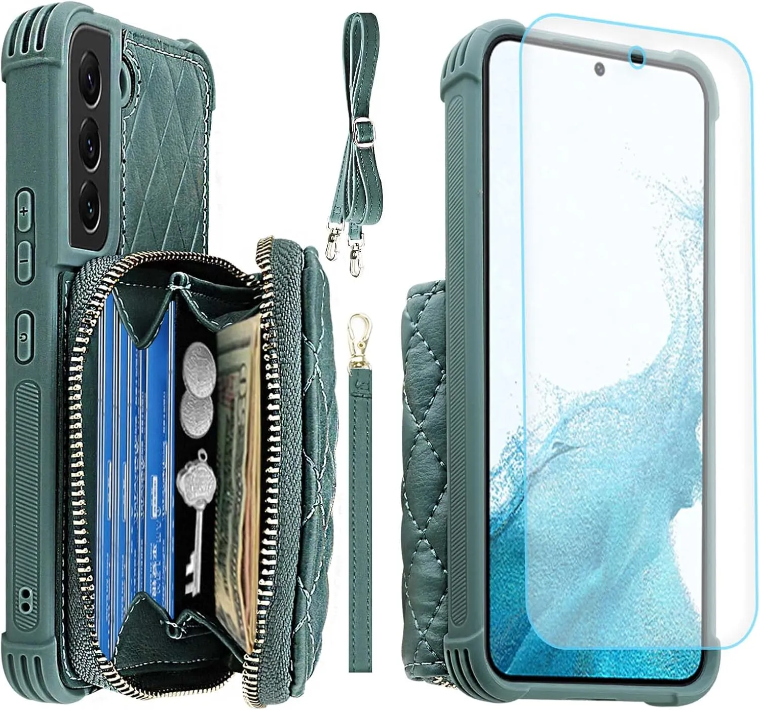 MONASAY Zipper Wallet Case Fit for Galaxy S22 5G 6.1in, [Screen Protector ][RFID Blocking] Flip Leather Handbag Phone Cover with Card Holder， Crossbody Shoulder Lanyard Strap, Light Green