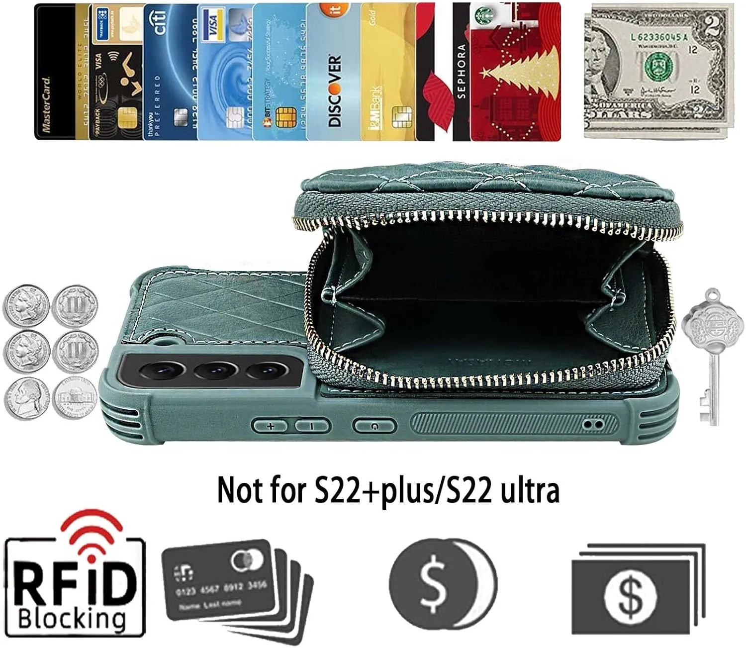 MONASAY Zipper Wallet Case Fit for Galaxy S22 5G 6.1in, [Screen Protector ][RFID Blocking] Flip Leather Handbag Phone Cover with Card Holder， Crossbody Shoulder Lanyard Strap, Light Green