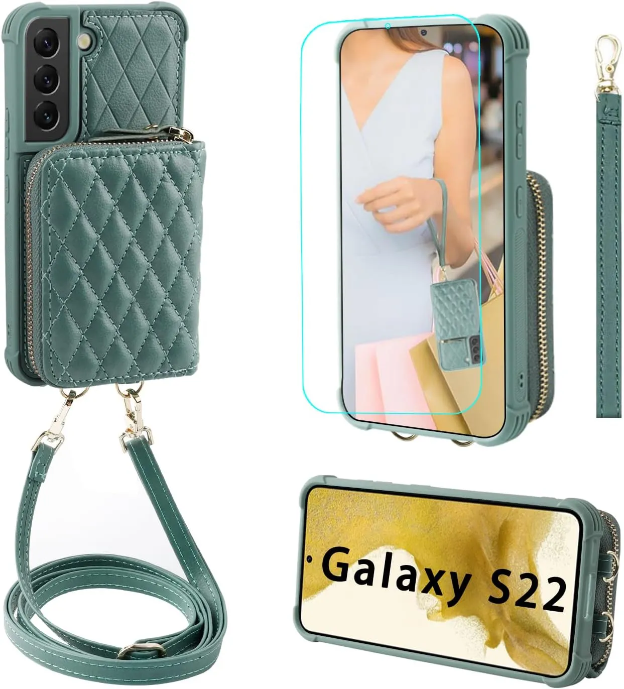 MONASAY Zipper Wallet Case Fit for Galaxy S22 5G 6.1in, [Screen Protector ][RFID Blocking] Flip Leather Handbag Phone Cover with Card Holder， Crossbody Shoulder Lanyard Strap, Light Green