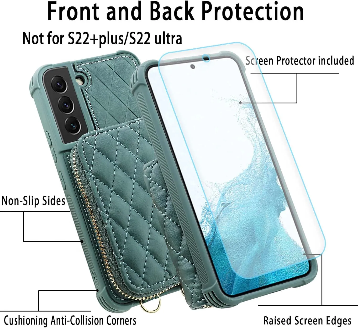 MONASAY Zipper Wallet Case Fit for Galaxy S22 5G 6.1in, [Screen Protector ][RFID Blocking] Flip Leather Handbag Phone Cover with Card Holder， Crossbody Shoulder Lanyard Strap, Light Green