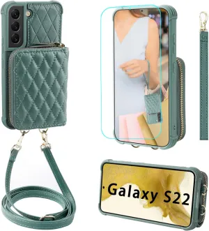 MONASAY Zipper Wallet Case Fit for Galaxy S22 5G 6.1in, [Screen Protector ][RFID Blocking] Flip Leather Handbag Phone Cover with Card Holder， Crossbody Shoulder Lanyard Strap, Light Green