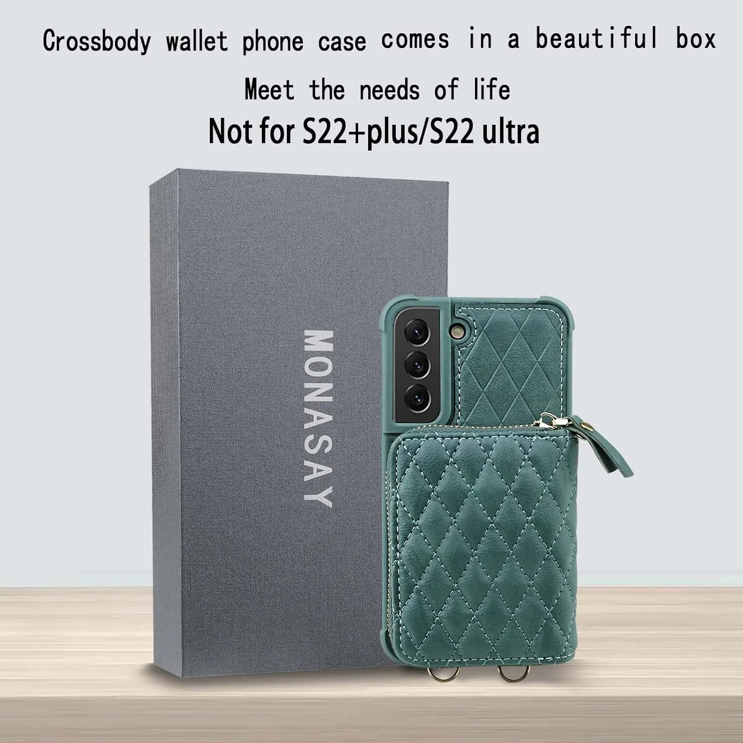 MONASAY Zipper Wallet Case Fit for Galaxy S22 5G 6.1in, [Screen Protector ][RFID Blocking] Flip Leather Handbag Phone Cover with Card Holder， Crossbody Shoulder Lanyard Strap, Light Green