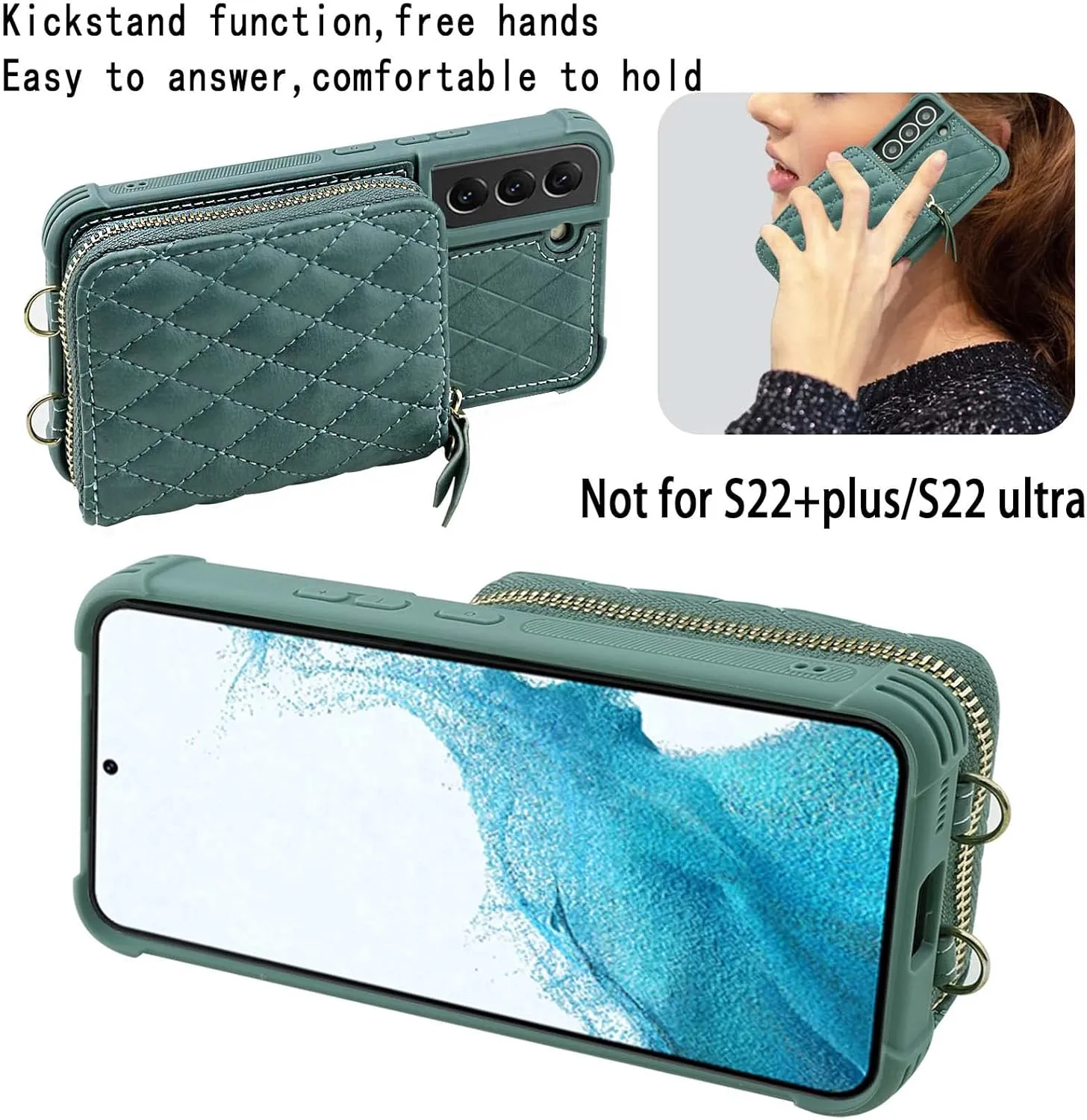 MONASAY Zipper Wallet Case Fit for Galaxy S22 5G 6.1in, [Screen Protector ][RFID Blocking] Flip Leather Handbag Phone Cover with Card Holder， Crossbody Shoulder Lanyard Strap, Light Green