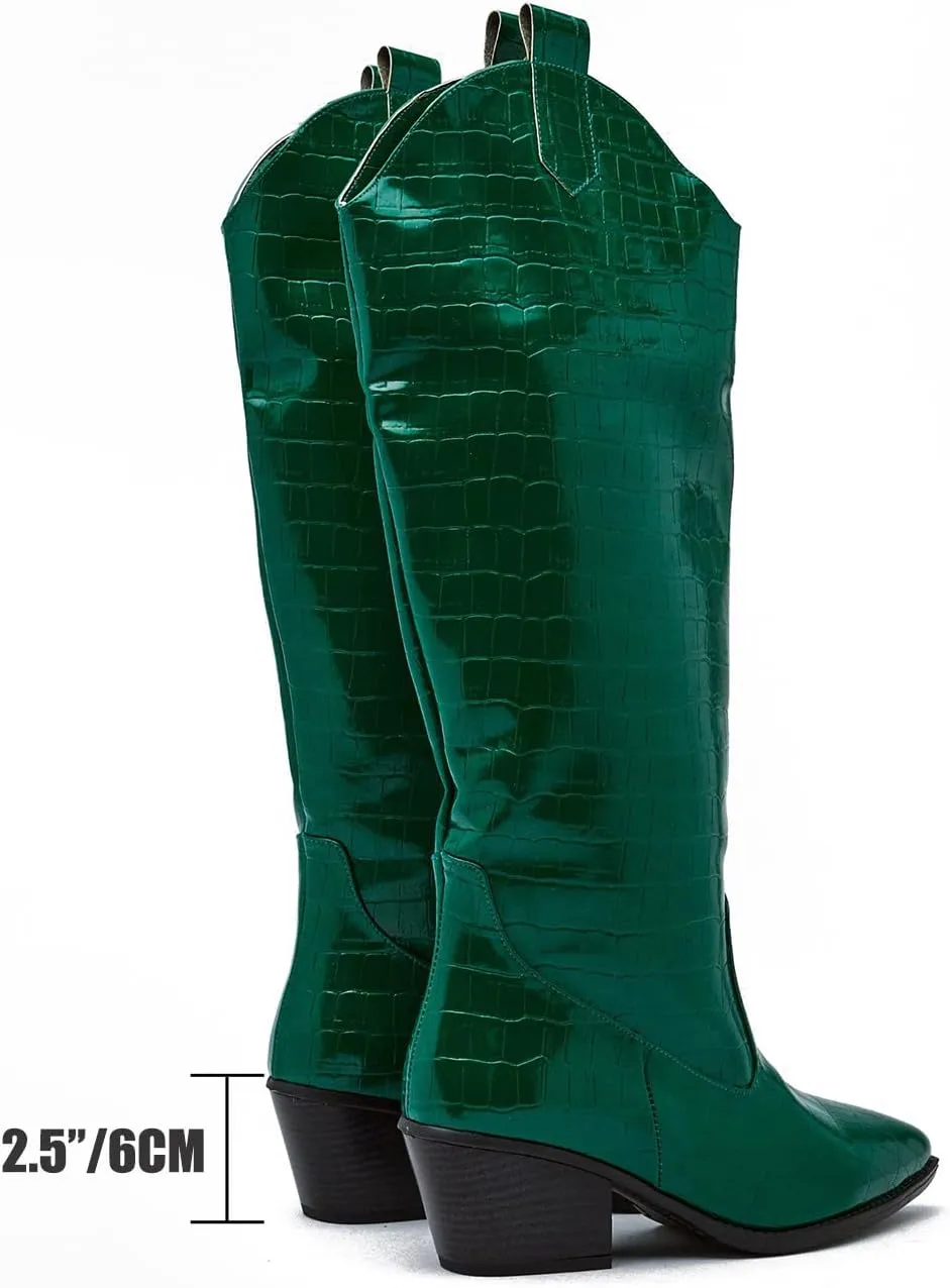 MOOMMO Vintage Knee High GoGo Boots Women Chunky Stacked Heel Pointed Toe Wide Calf Western Cowboy Boots Embroidered Pull On Tall Crocodile Boots Fall Fashion Winter Vintage Dress Boot Chic 4-11 M US