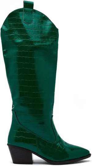 MOOMMO Vintage Knee High GoGo Boots Women Chunky Stacked Heel Pointed Toe Wide Calf Western Cowboy Boots Embroidered Pull On Tall Crocodile Boots Fall Fashion Winter Vintage Dress Boot Chic 4-11 M US