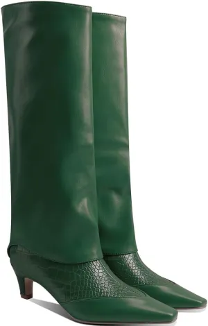 MOOMMO Women Vintage Kitten Heel Knee High Boots Square Toe Wide Calf Boots Trouser Leg Pull On Crocodile Animal Print Dress Boots Cap Toe Patchwork Chic Retro Fashion Wedding Party Fall 4-11 M US