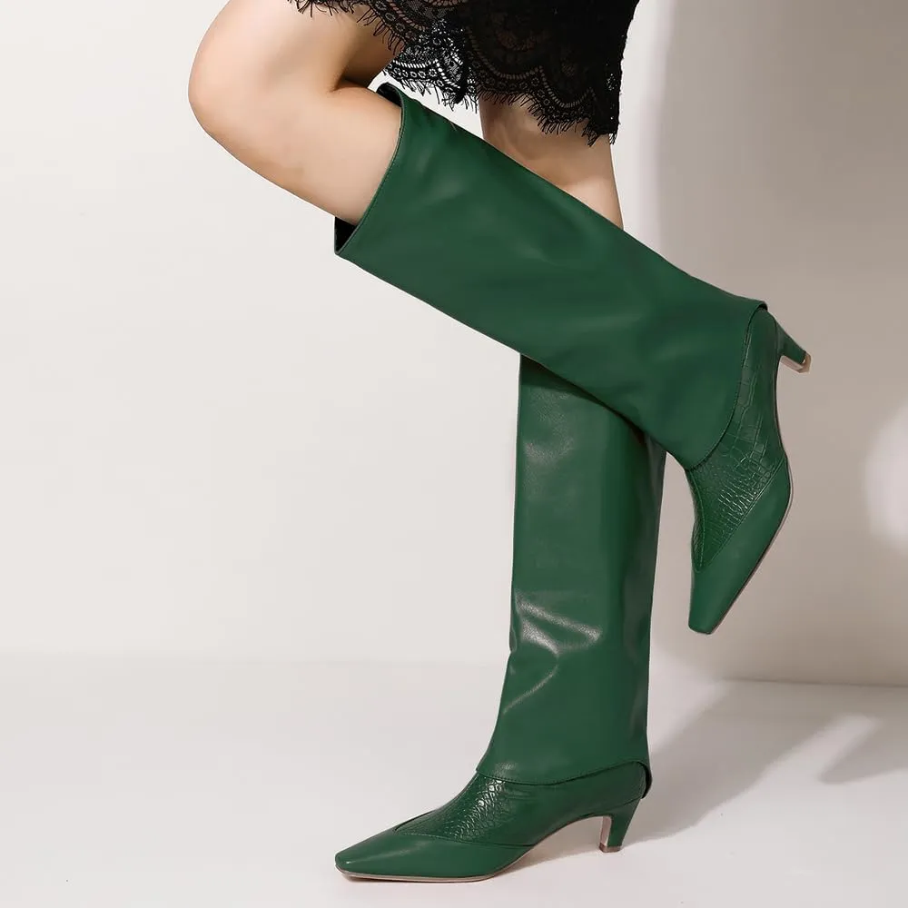 MOOMMO Women Vintage Kitten Heel Knee High Boots Square Toe Wide Calf Boots Trouser Leg Pull On Crocodile Animal Print Dress Boots Cap Toe Patchwork Chic Retro Fashion Wedding Party Fall 4-11 M US