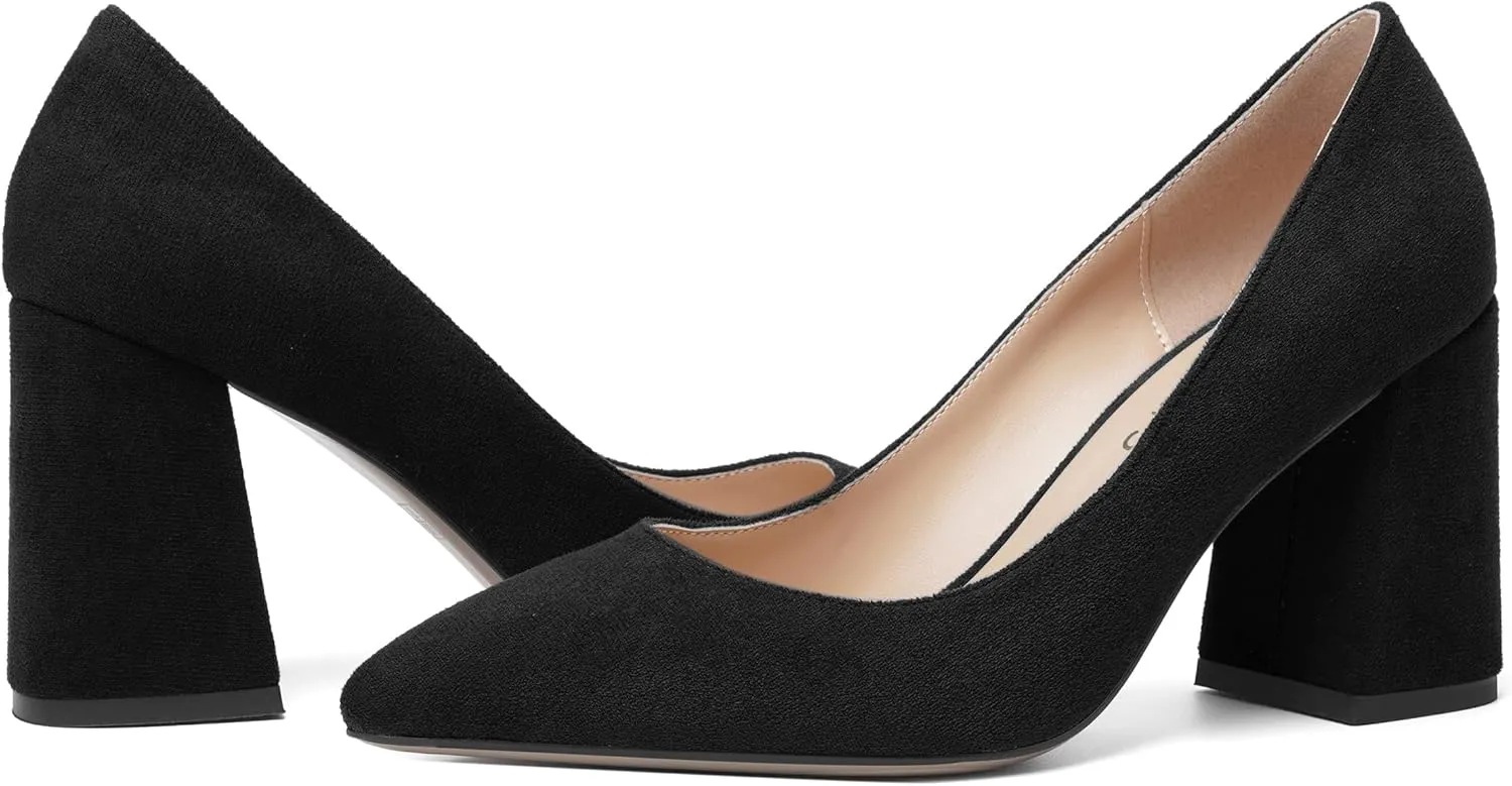 MOVINSTEPS Womens Dating Slip On Dress Pointed Toe Suede Block High Heel Pumps Shoes 3.3 Inch
