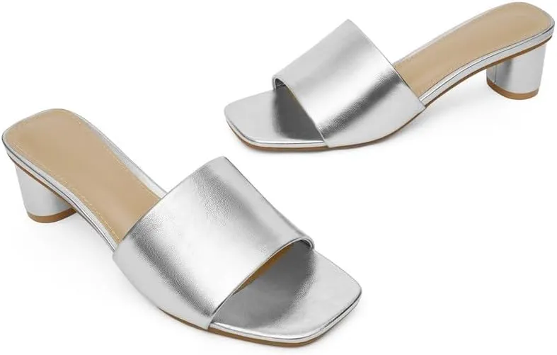 Mule Heels for Women Square Toe Chunky Low Heel Sandals Heeled Slides