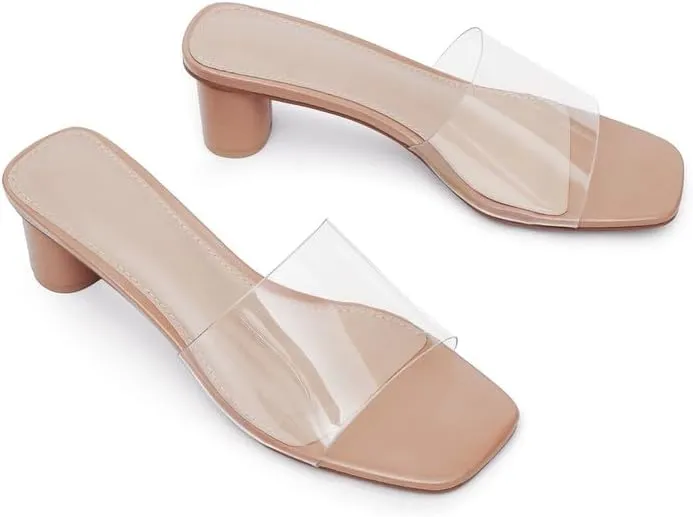 Mule Heels for Women Square Toe Chunky Low Heel Sandals Heeled Slides