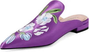 Mules for Women Pointed Toe Embroidered Shoes Satin Comfortable Flats Backless Loafers