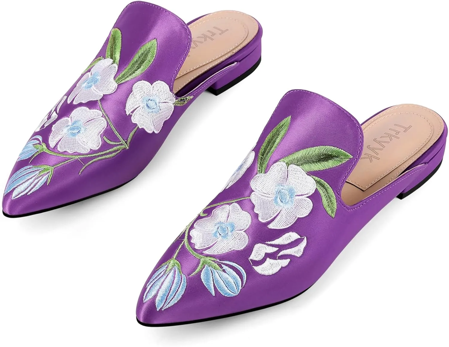 Mules for Women Pointed Toe Embroidered Shoes Satin Comfortable Flats Backless Loafers