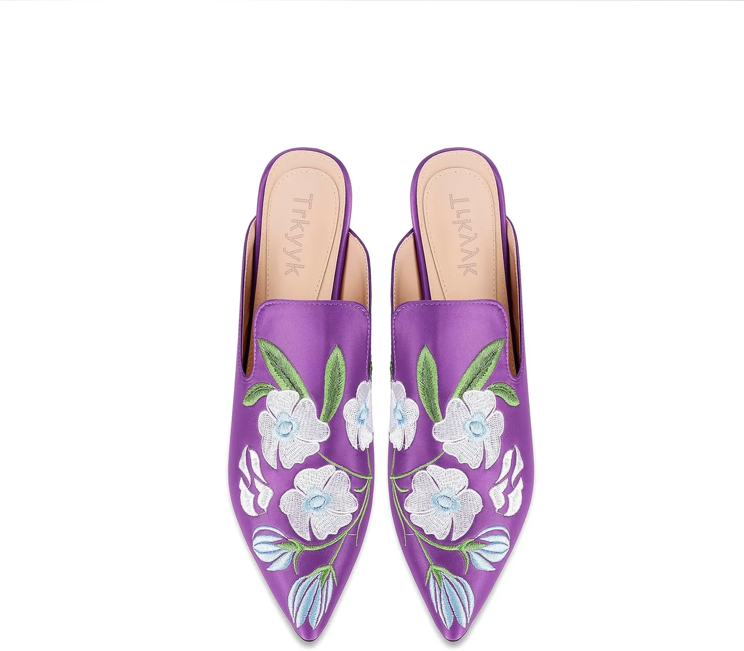 Mules for Women Pointed Toe Embroidered Shoes Satin Comfortable Flats Backless Loafers