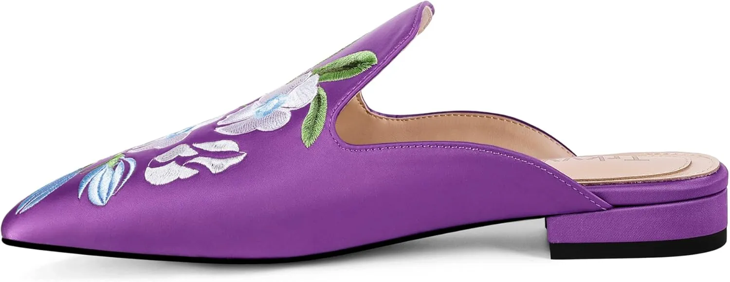 Mules for Women Pointed Toe Embroidered Shoes Satin Comfortable Flats Backless Loafers