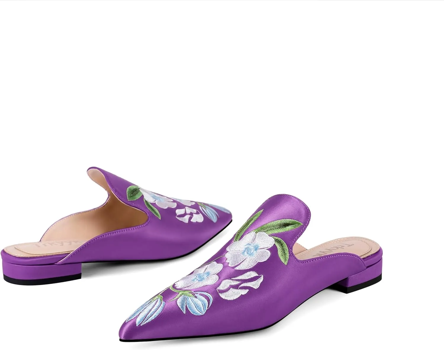 Mules for Women Pointed Toe Embroidered Shoes Satin Comfortable Flats Backless Loafers