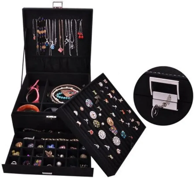 MUSUMI Jewelry Box 3-Layer Jewelry Box Storage Box Necklace Ring Bracelet Bracelet Earrings Watch Jewelry Storage Box Velvet Jewelry Box Jewelry Box Organizer (Black)