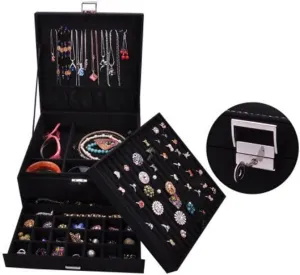 MUSUMI Jewelry Box 3-Layer Jewelry Box Storage Box Necklace Ring Bracelet Bracelet Earrings Watch Jewelry Storage Box Velvet Jewelry Box Jewelry Box Organizer (Black)