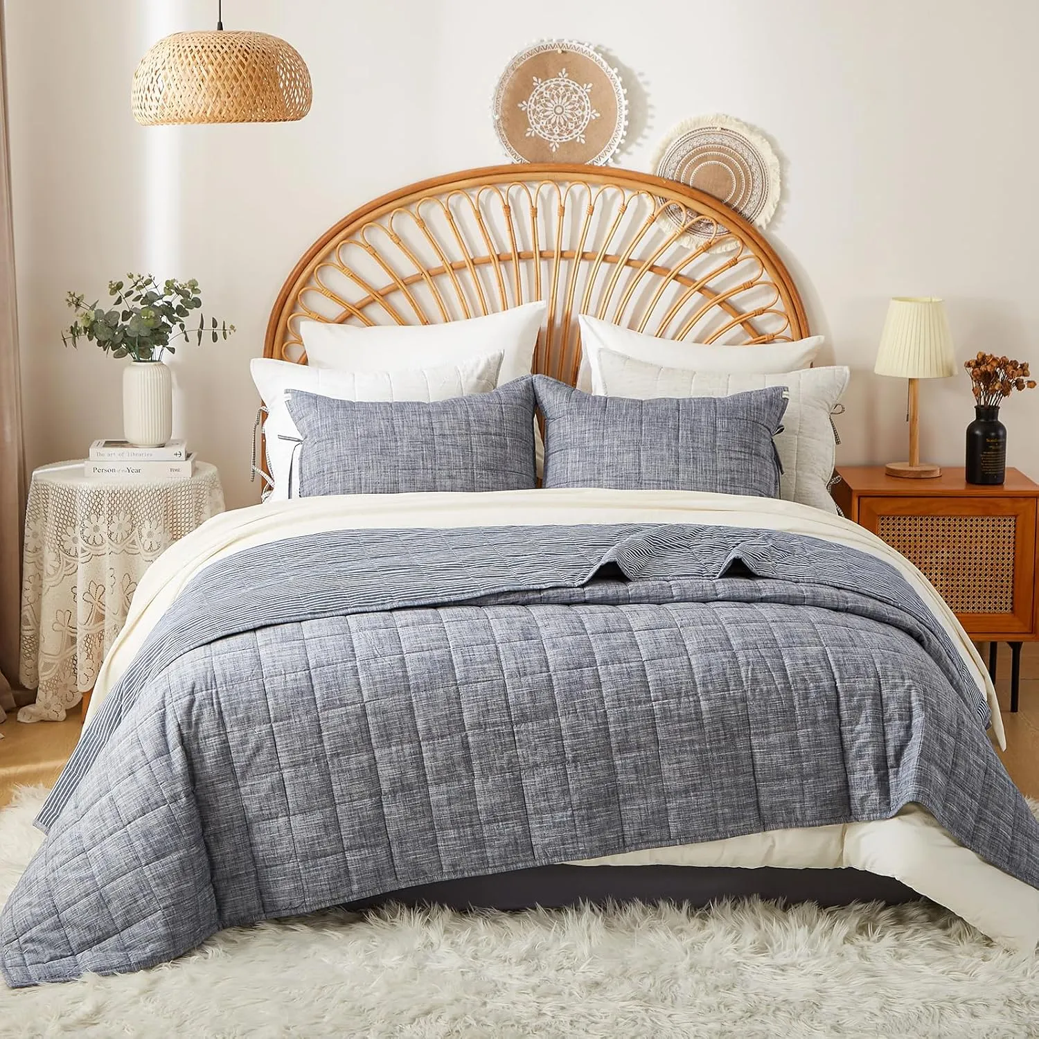 Navy Quilts Queen Size， Cotton Bedspreads Queen Size，3-Pieces Queen Quilt Set with Blue Stripe Bedding Coverlet Light Weight Quilted Blanket with 2 Pillow Shams