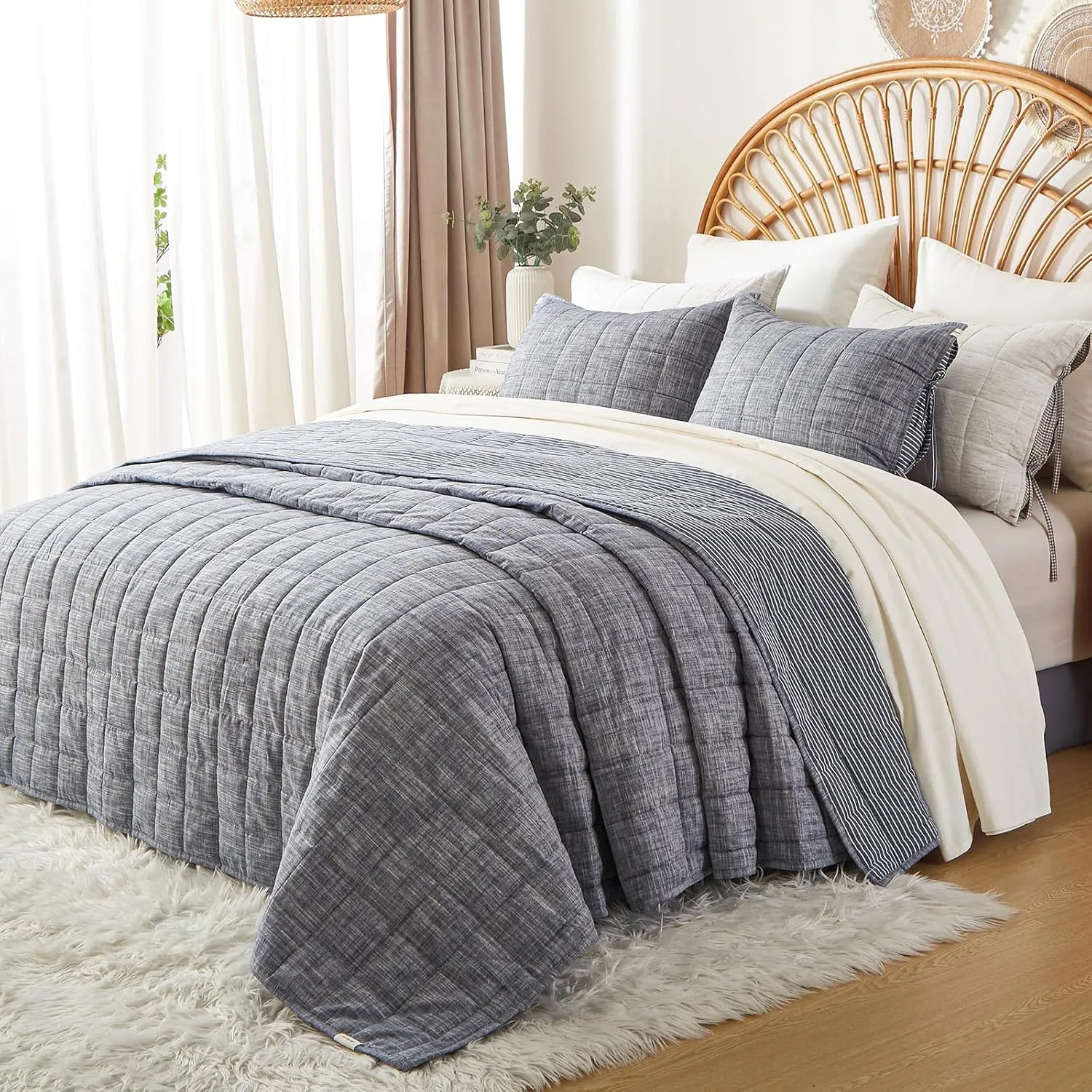 Navy Quilts Queen Size， Cotton Bedspreads Queen Size，3-Pieces Queen Quilt Set with Blue Stripe Bedding Coverlet Light Weight Quilted Blanket with 2 Pillow Shams